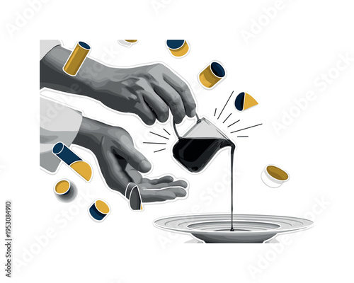 A monochrome close-up of a chef?s hands delicately pouring sauce over an elegant dish, thin linear elements suggesting motion and control, floating geometric