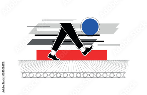 Black and white pair of legs marching in place on a conveyor belt, bold red rectangular block beneath and cobalt blue circle above, thin parallel lines