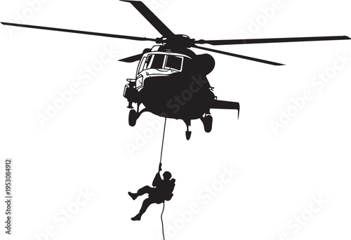 Black helicopter with person descending on rope