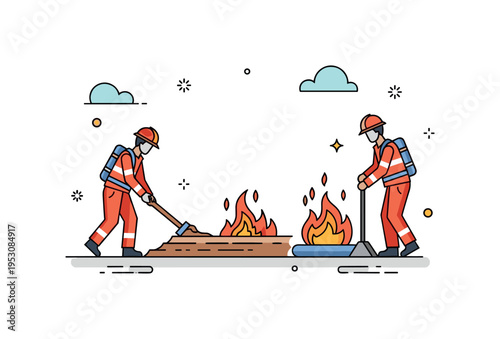 Firebreak creation scene illustrated by emergency workers establishing a cleared strip of land beside a low controlled flame, symbolizing strategic