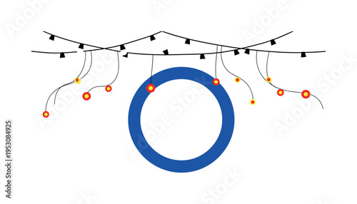 Black and white string lights draped across composition, large flat electric blue circle framing central area, thin curved lines suggesting hanging cables,