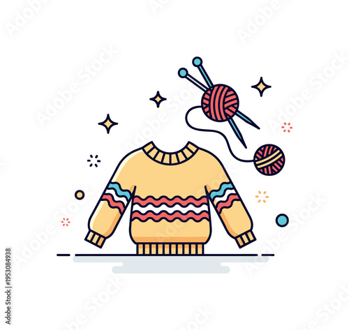 Handmade knitwear appreciation illustrated by a sweater icon paired with knitting needles and a small yarn ball, symbolizing creativity and personal touch. The