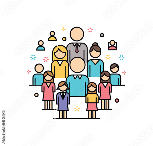 Society diverse group of simple human silhouettes standing together in a balanced circular composition. A clean editorial scene expressing unity, coexistence