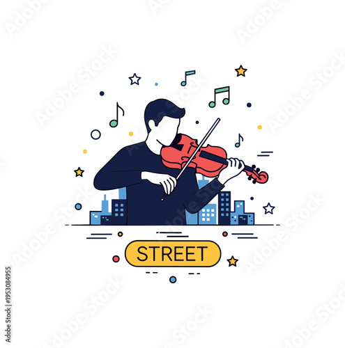 Urban violinist scene featuring a musician silhouette holding a violin with floating musical notes and a subtle city skyline accent behind, blending culture