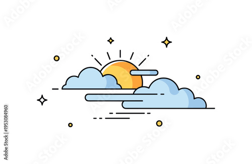 Golden hour sunrise concept illustrated by a half visible sun behind drifting clouds with small sparkle accents suggesting warmth and serenity. The composition