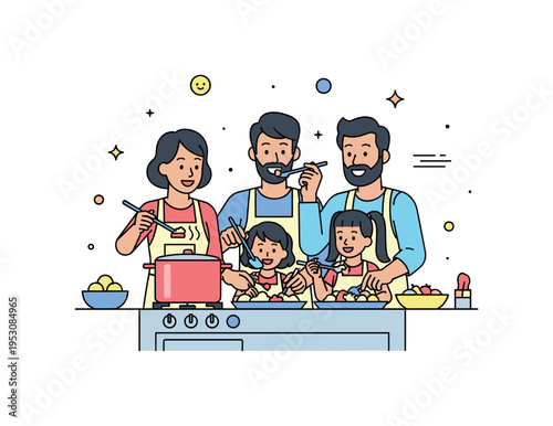 Cooking together at a stove, with family members tasting dishes and sharing smiles, portraying collaboration, creativity, and joyful routine moments.