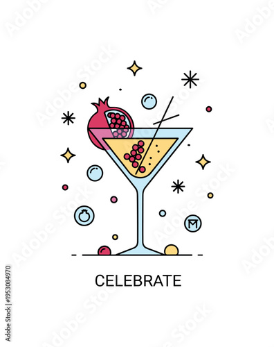 Festive champagne cocktail with pomegranate garnish capturing celebration and sparkling winter holidays. Small bubble icons and subtle snowflakes add dynamic