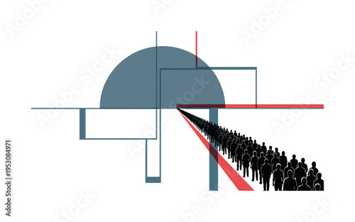 Black and white long perspective view of picket line stretching into distance, large muted blue semicircle framing upper half like horizon of change, thin red