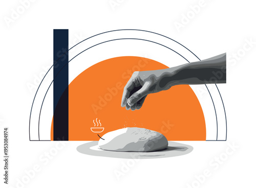Black and white hand dusting flour over dough surface, bright orange semicircle positioned behind like glowing kitchen light, thin navy vertical