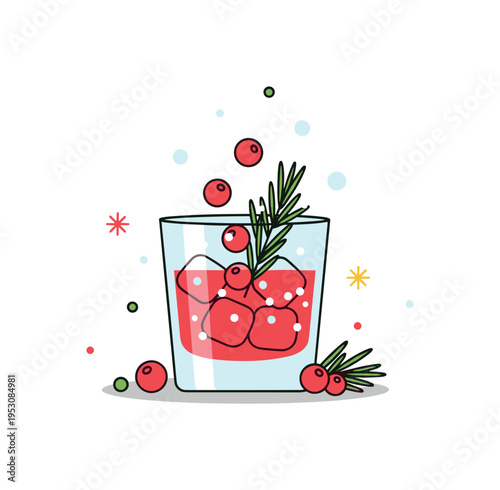 Cranberry rosemary winter cocktail in a short glass reflecting bright seasonal flavors and holiday gatherings. Floating berry accents and subtle snow elements