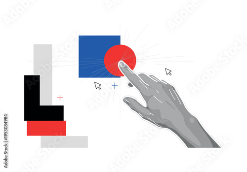 Black and white human hand touching an invisible screen in mid-air, bold blue square and red circle intersecting at touch point, thin radiating lines