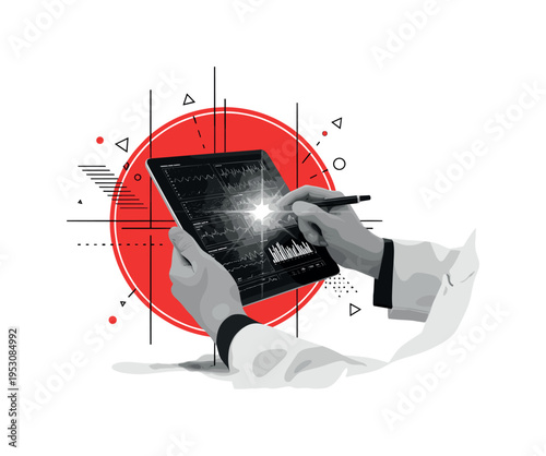 Close-up monochrome tablet displaying medical data charts in a researcher?s hand, framed by a bold red circle and thin vertical structural lines, intense flash
