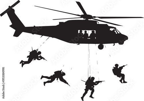 Black helicopter with soldiers rappelling military