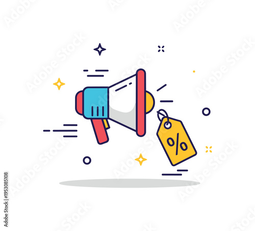 Retail promotion strategy concept featuring a megaphone icon paired with a discount tag and subtle motion lines, symbolizing announcement and amplified reach.