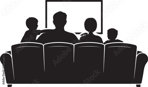 Black silhouette family sitting on couch watching television