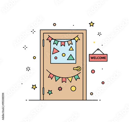 Seasonal classroom transformation depicted by a simple classroom door decorated with themed paper shapes and a small Welcome sign, expressing inclusivity and