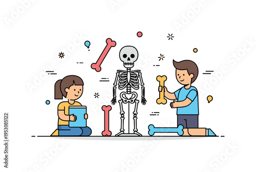 Children learning about the skeletal system with a small skeleton model and colorful bones, emphasizing education, curiosity, and anatomy lessons. Minimalist