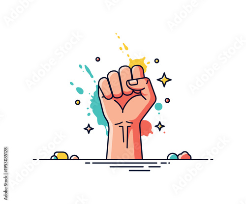 Political street mural scene with a raised fist icon painted boldly on a simple wall background. Subtle paint splashes and star accents communicate activism