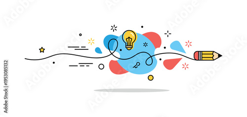 Creative flow concept illustrated by a smooth continuous line transforming from a pencil tip into abstract shapes and small spark accents, expressing