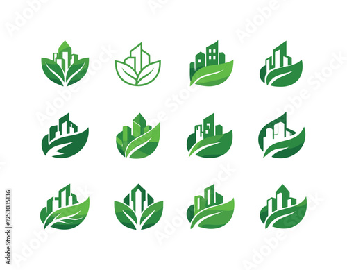 Smart city developments. Icon set. Set Logo of Smart city developments: eco smart city leaf. harmonious logo variations of the same emblematic concept, each
