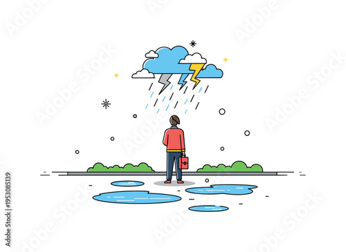 Standing alone on a rain-soaked street with puddles reflecting stormy skies, facing the challenges ahead with calm confidence and resilience. Minimalist flat