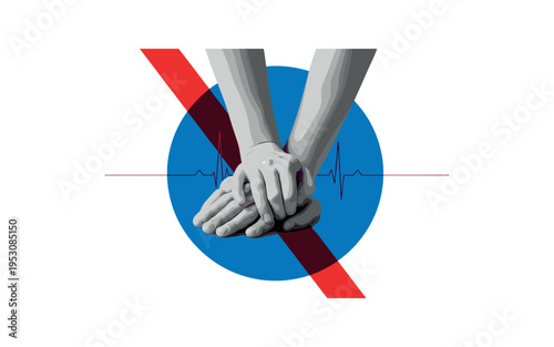 Black and white close-up of gloved hands adjusting camera settings, vibrant deep red circle highlighting control dial area, cobalt blue geometric blocks