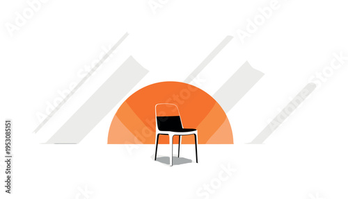 A realistic monochrome chair placed in an empty room, combined with a large orange half-circle fading behind it and subtle diagonal lines suggesting absence