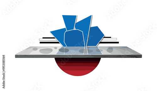 Black and white polished stone countertop edge reflecting minimal abstract shapes, bold deep red semicircle beneath as stylized shadow, cobalt blue geometric