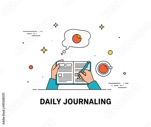 Daily journaling ritual with a person writing thoughts in a notebook at a small desk with a cup of tea, capturing reflection, mindfulness, and personal growth.
