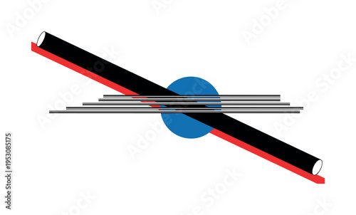 Black and white abstract cylinder crossing horizontally through frame, large blue circle intersecting midpoint, red diagonal stripe slicing composition for