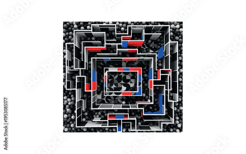 A monochrome overhead view of a ball pit transformed into a precise geometric pattern of circles and semicircles, abstract rectangular blocks creating depth,