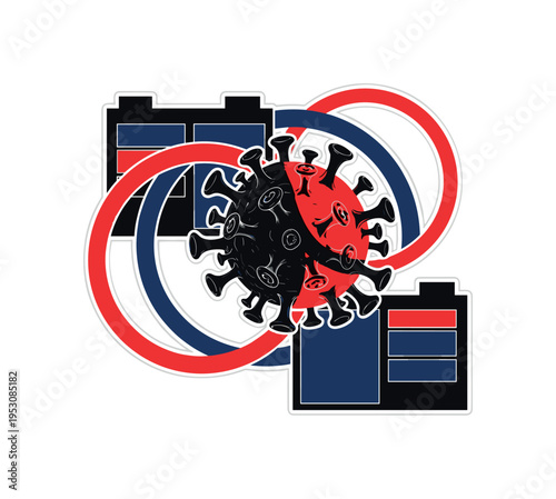 Monochrome virus silhouette rendered as an abstract geometric sphere, partially overlaid by bold circular halos representing containment, structured