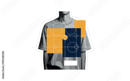 Black and white realistic torso wearing a faded oversized T-shirt, bold geometric blocks partially covering the garment, circular elements symbolizing time and