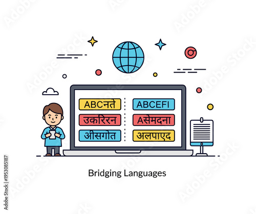 Translators working with multiple languages illustrated through a laptop screen displaying parallel text blocks in different alphabets with a small globe icon