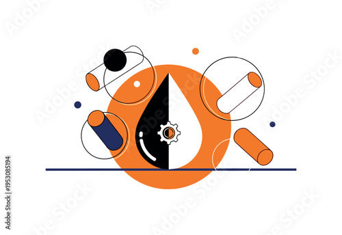 Black and white water droplet enlarged above sink surface, bold red circular accent beneath droplet reflection, blue vertical stripe dividing composition