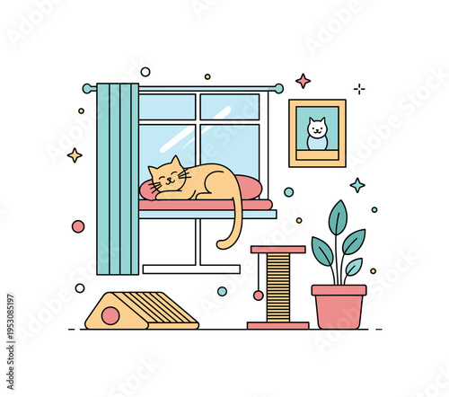 Home designed for pets cat lounging on a window perch with a scratching post and potted plant arranged in a balanced composition, symbolizing functional yet