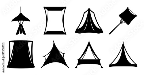 Diverse vector silhouettes showcasing various tent structures and camping related objects