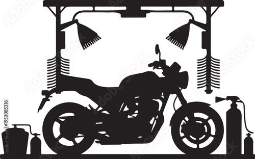 Black silhouette motorcycle under car wash brushes and equipment