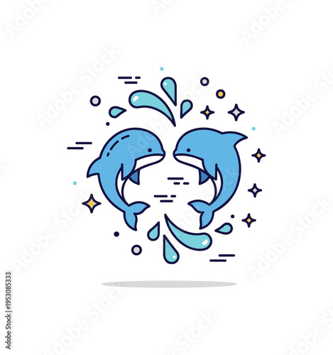 Ocean splash moment built around two rounded marine mammals facing each other with arched bodies and small water droplets forming a circular motion,