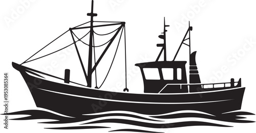 Black silhouette of a fishing boat on water