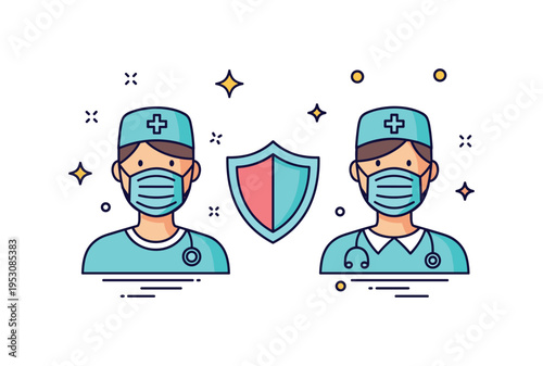 Infection control teamwork illustrated by two simplified medical staff icons with protective masks and a central shield symbol between them, highlighting