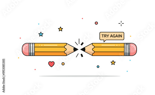 Turning mistakes into lessons shown through a broken pencil transforming into a sharp new tip, with a tiny label reading Try Again reinforcing persistence. The
