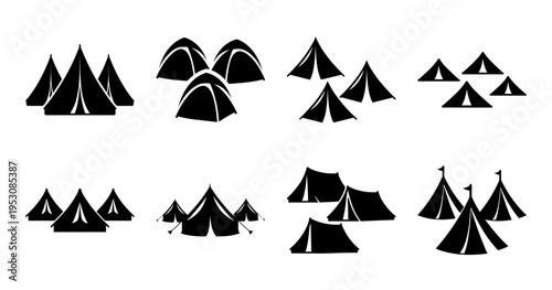 Camping Tent Silhouettes Collection with Various Tent Styles - Collection of camping tent silhouettes featuring different shapes and styles, ideal for outdoor adventure, travel, and camping design con