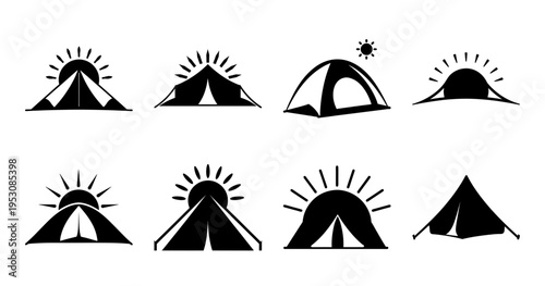 Collection of Simple Black and White Camping Tent and Sun Iconography