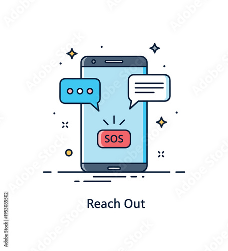 Health hotline service badge showing a mobile device with a glowing SOS button. Subtle speech bubble accents and a ?Reach Out? caption communicate immediate