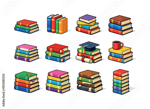 Book Stack. Colorful isometric vector icons set of Book Stack: horizontal book stack, vertical book stack, uneven books pile, thick novels stack, thin books