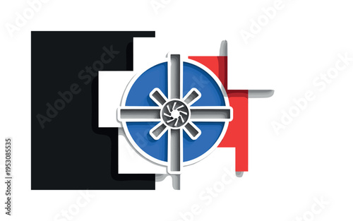 A monochrome turbine hub with blades extending outward symmetrically, bold circular halo behind emphasizing renewable power, abstract flat blocks layered