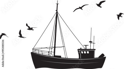Black silhouette of a fishing boat with seagulls flying around