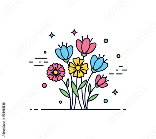 Wildflowers blooming in a small clustered bouquet with varied petal shapes and heights, surrounded by tiny decorative dots suggesting light breeze and natural
