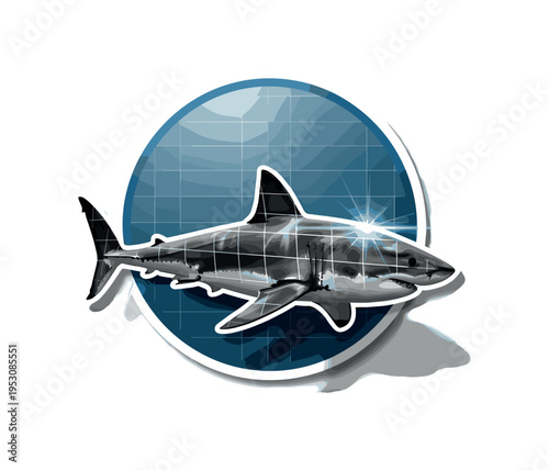 Monochrome great white shark emerging diagonally, layered with blue circular frame and fine grid lines suggesting ocean depth and precision, radiant flash of